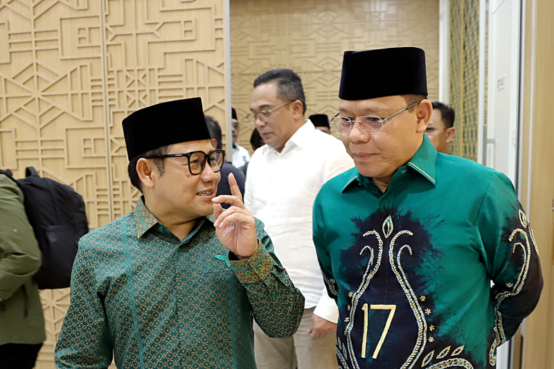 Plt Ketua Umum PPP Mardiono sambangi Ketua Umum PKB Muhaimin Iskandar bahas Pilkada,. (BeritaNasional/Elvis Sendouw)