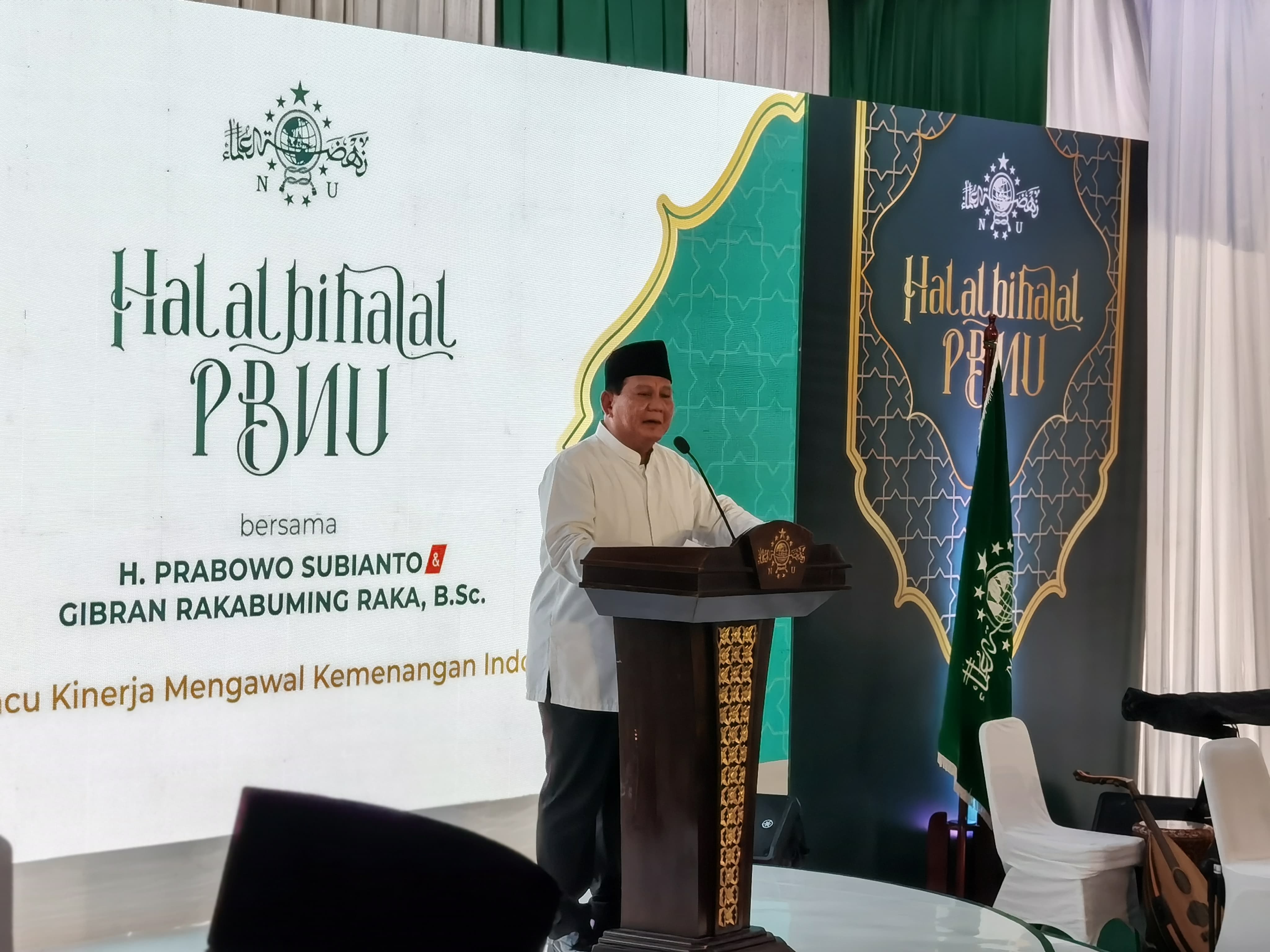 Prabowo Subianto saat hadir di Halal Bihalal & Silaturahmi PBNU. (Foto/Elvis)