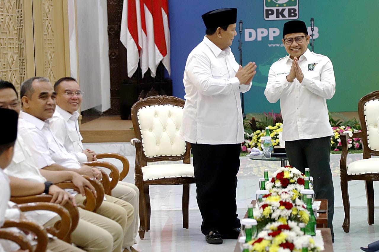 Presiden terpilih Prabowo Subianto kunjungi Muhaimin Iskandar di DPP PKB. (BeritaNasional/Elvis Sendouw)