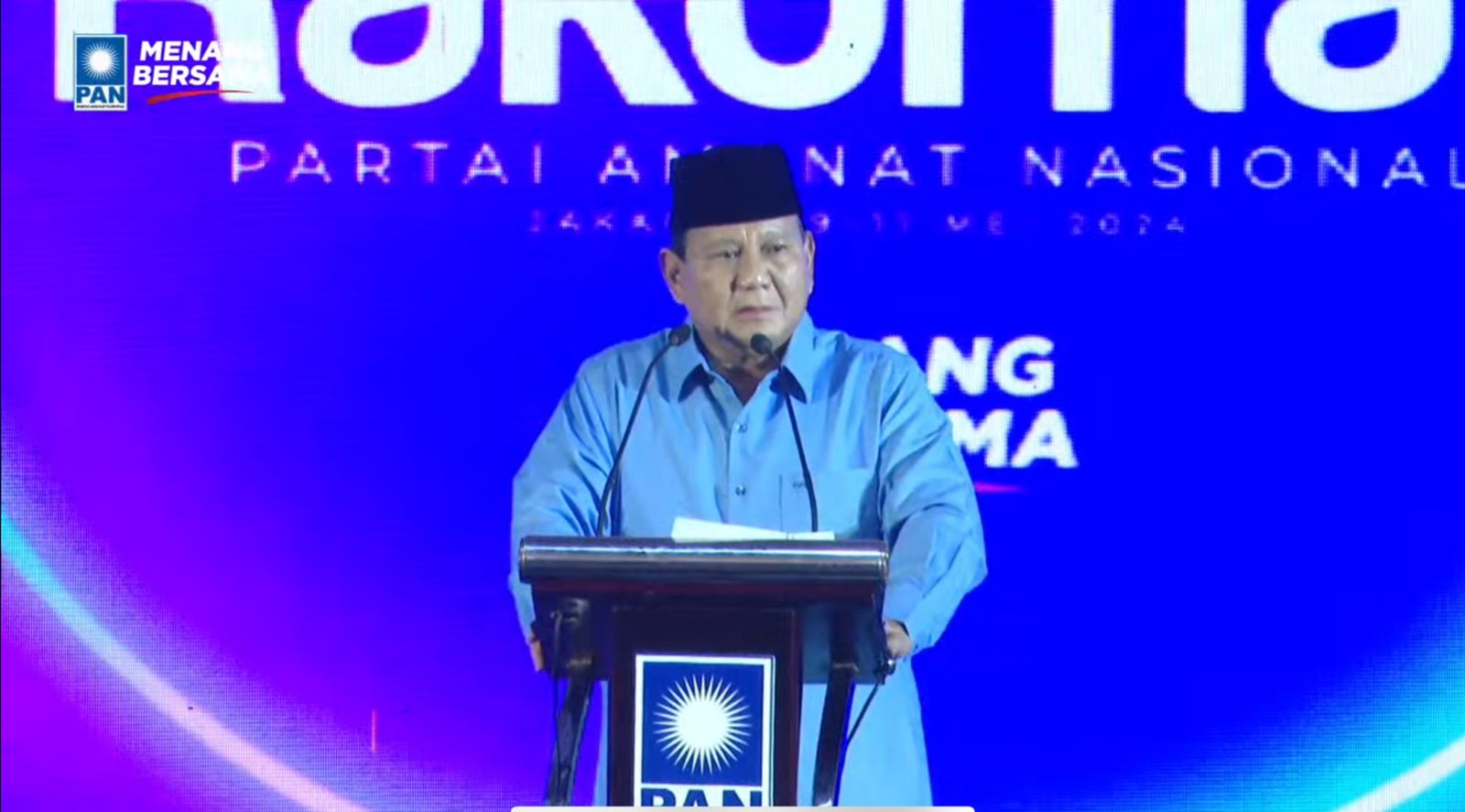 Presiden terpilih Prabowo Subianto di Rakornas PAN. (Foto/tangkapan layar YouTube PAN).