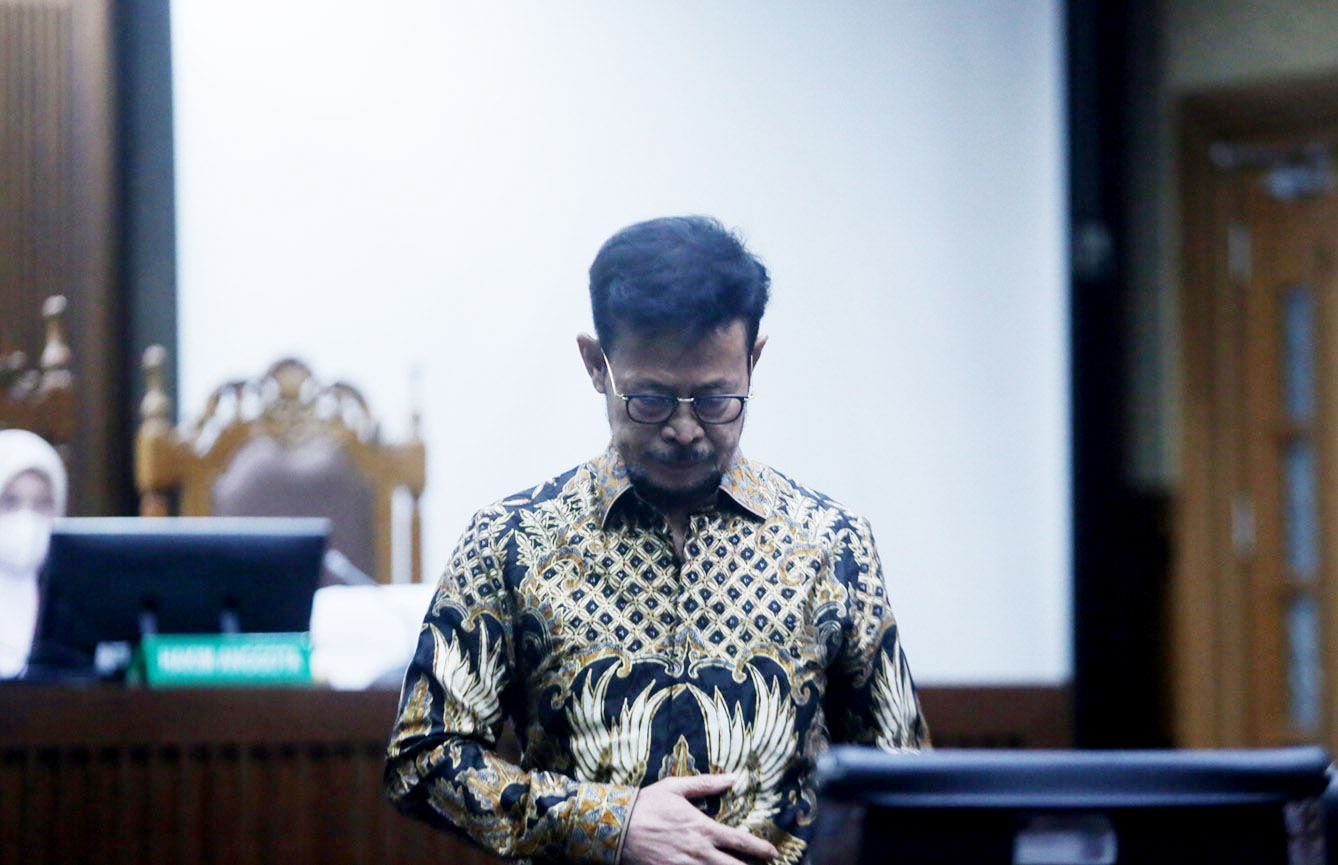 Terdakwa kasus pemerasan dan gratifikasi di Kementerian Pertanian Syahrul Yasin Limpo menjalani sidang tuntutan di PN Tipikor Jakarta. (BeritaNasional.com/Oke Atmaja)