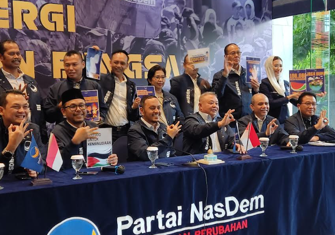 Konferensi pers Partai NasDem di NasDem Tower, Jakarta, Jumat (28/6/2024). (BeritaNasional/Ahda)