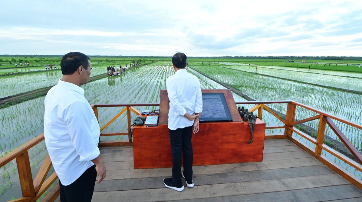 Presiden Jokowi meninjau langsung simulasi penggunaan teknologi pesawat nirawak atau drone dalam penyebaran pupuk. (Foto/BPMI)