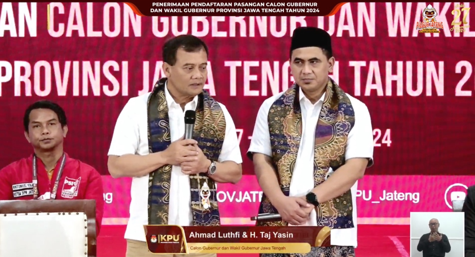 Calon gubernur Jawa Tengah, Ahmad Luthfi dan calon wakil gubernur Jawa Tengah, Taj Yasin. (Foto/YouTube KPU Jawa Tengah).