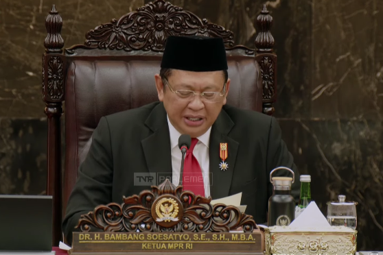 Ketua MPR Bambang Soesatyo saat berpidato di Sidang tahunan MPR 2024. (Foto/Tangkapan layar YouTube)