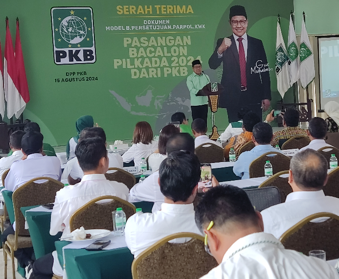 Ketum PKB Muhaimin Iskandar di kantor DPP PKB, Jakarta, Kamis (15/8/2024).