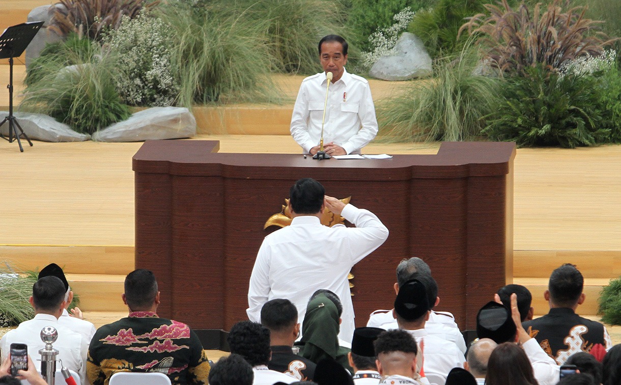 Presiden Jokowi memberikan pidato saat Rapimnas Gerindra 2024. (BeritaNasional/Oke Atmaja)