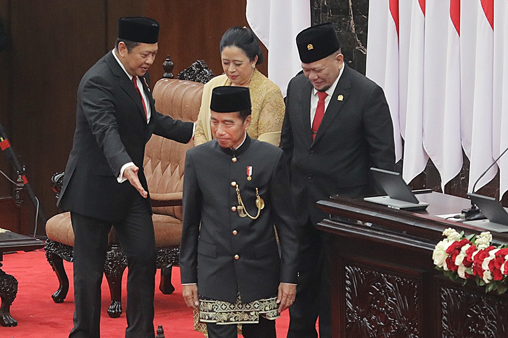 Presiden Jokowi saat pidato di sidang tahunan 2024. (BertiaNasional/Elvis).