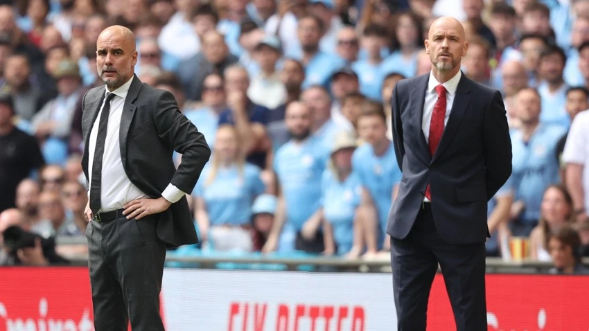 Manajer Man City Pep Guardiola (kiri) dan Manajer Man United Erik ten Hag. (Foto/Man City)