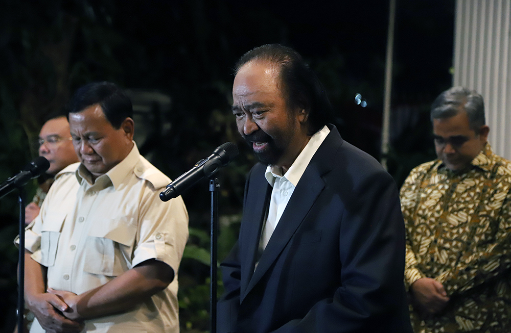 Ketum NasDem Surya Paloh bersama Presiden terpilih Prabowo Subianto. (BeritaNasional/Elvis)