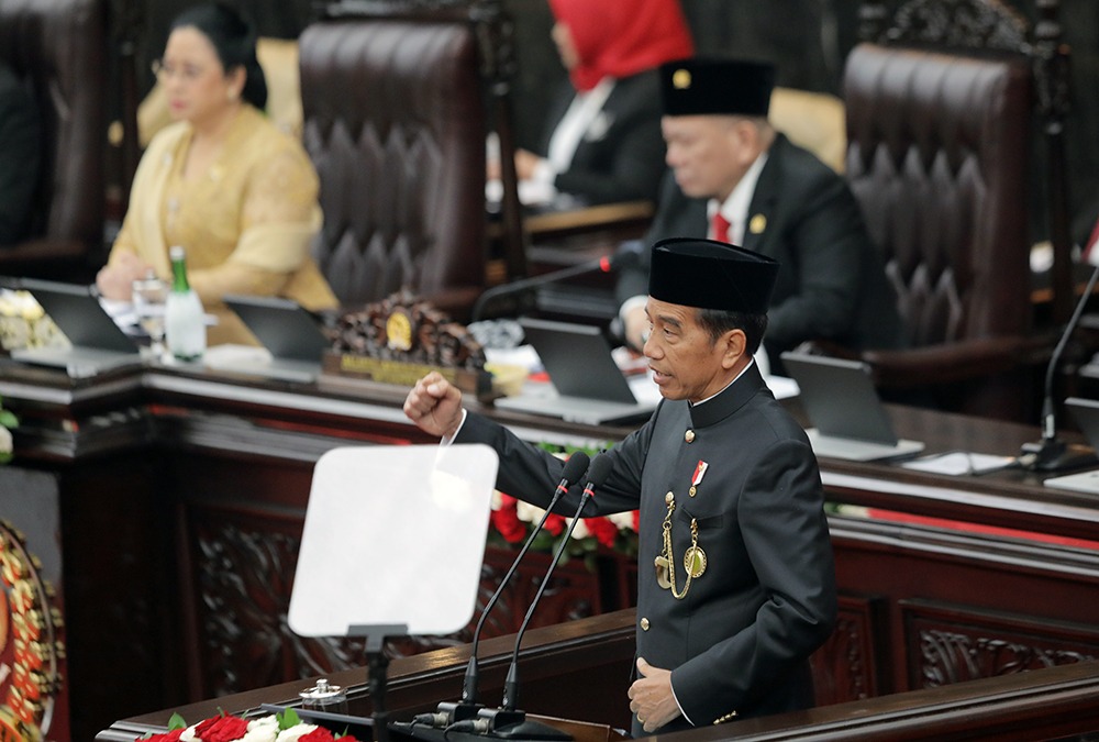 Presiden Jokowi di Sidang Tahunan MPR 2024. (BeritaNasional/Elvis Sendouw)