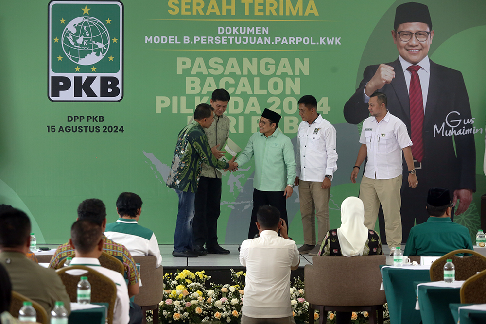 Ketum PKB Muhaimin Iskandar umumkan dukungan bakal calon kepala daerah. (BeritaNasional/Elvis Sendouw)