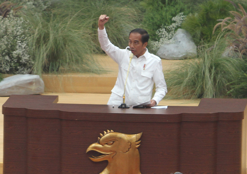 Presiden Jokowi saat berpidato di Rapimnas Gerindra. (BeritaNasional/Oke Atmaja)