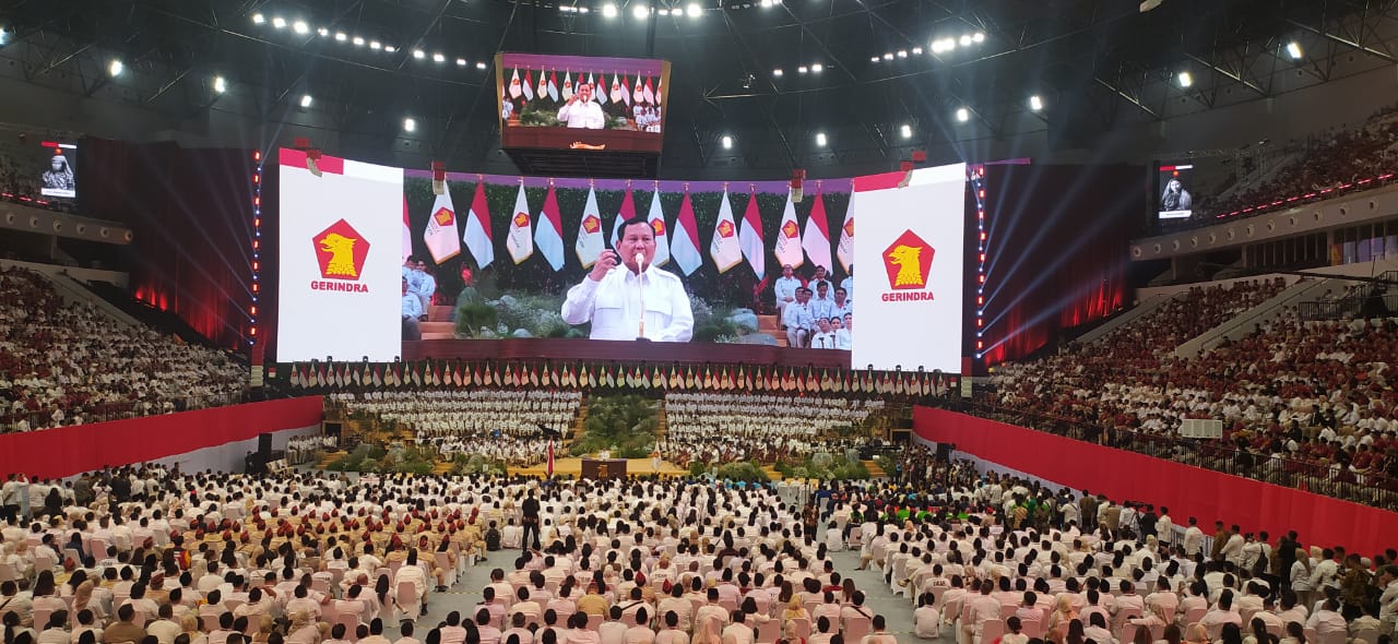 Ketum Gerindra Prabowo Subianto saat berpidato di Indonesia Arena, Jakarta. (BeritaNasional/Oke Atmaja)