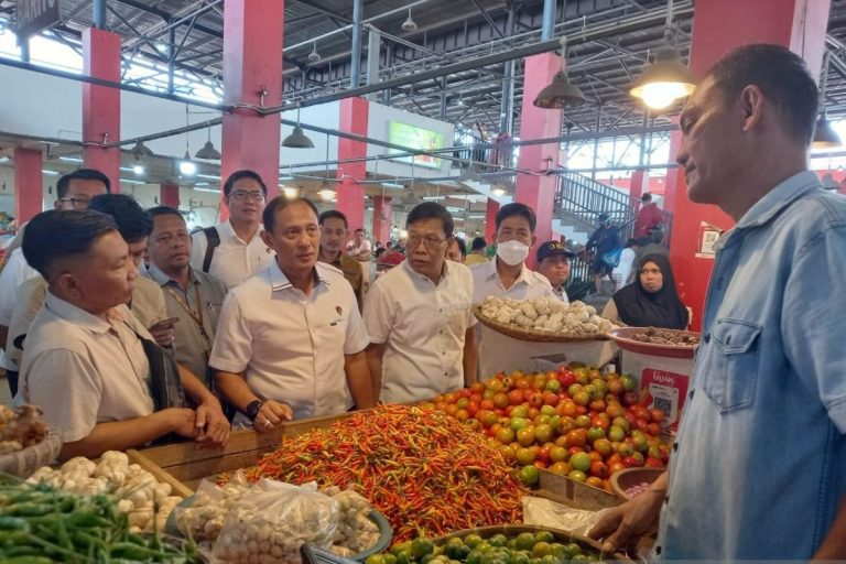 Ketua Satgas Pangan Polri Brigadir Jenderal Helfi Assegaf (dua dari kiri) saat meninjau salah satu pasar. (Foto/Humas Polri)