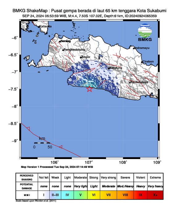 Titik gempa di Kota Sukabumi, Jawa Barat. (Foto/BMKG)