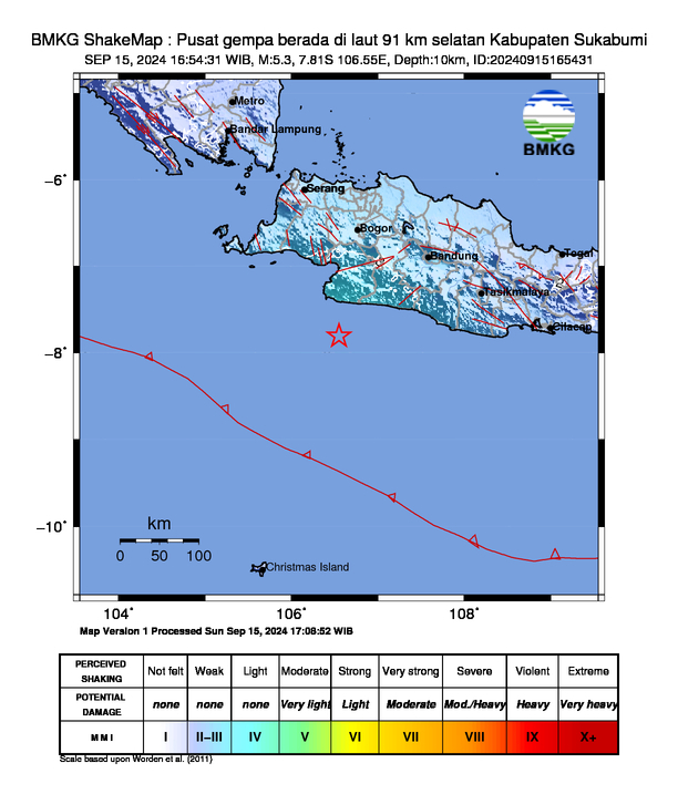 Peta gempa bumi di wilayah Sukabumi, Jawa Barat. (Foto/BMKG)