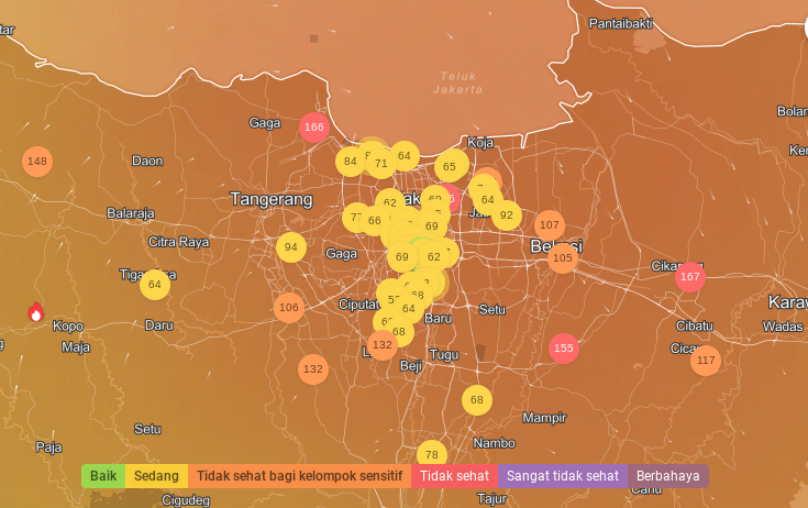 Peta kualitas udara Jakarta. (BeritaNasional/IQAir)