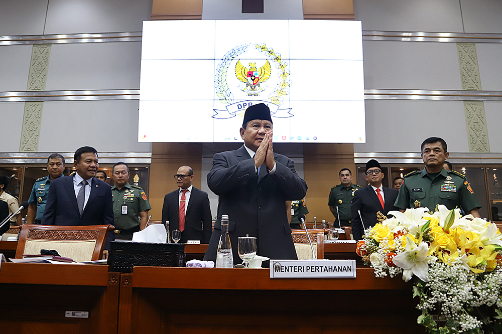 Menteri Pertahanan Prabowo Subianto saat hadir rapat di Komisi I DPR. (BeritaNasional/Elvis).