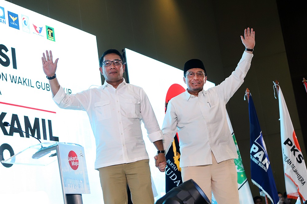 Calon gubernur Jakarta Ridwan Kamil (kiri) dan calon wakil gubenur Jakarta Suswono (kanan). (BeritaNasional/Elvis).