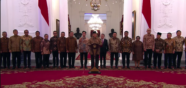 Jajaran Kabinet Merah Putih Presiden Prabowo Subianto di Istana Negara. (Foto/tangkapan layar YouTube Setpres)