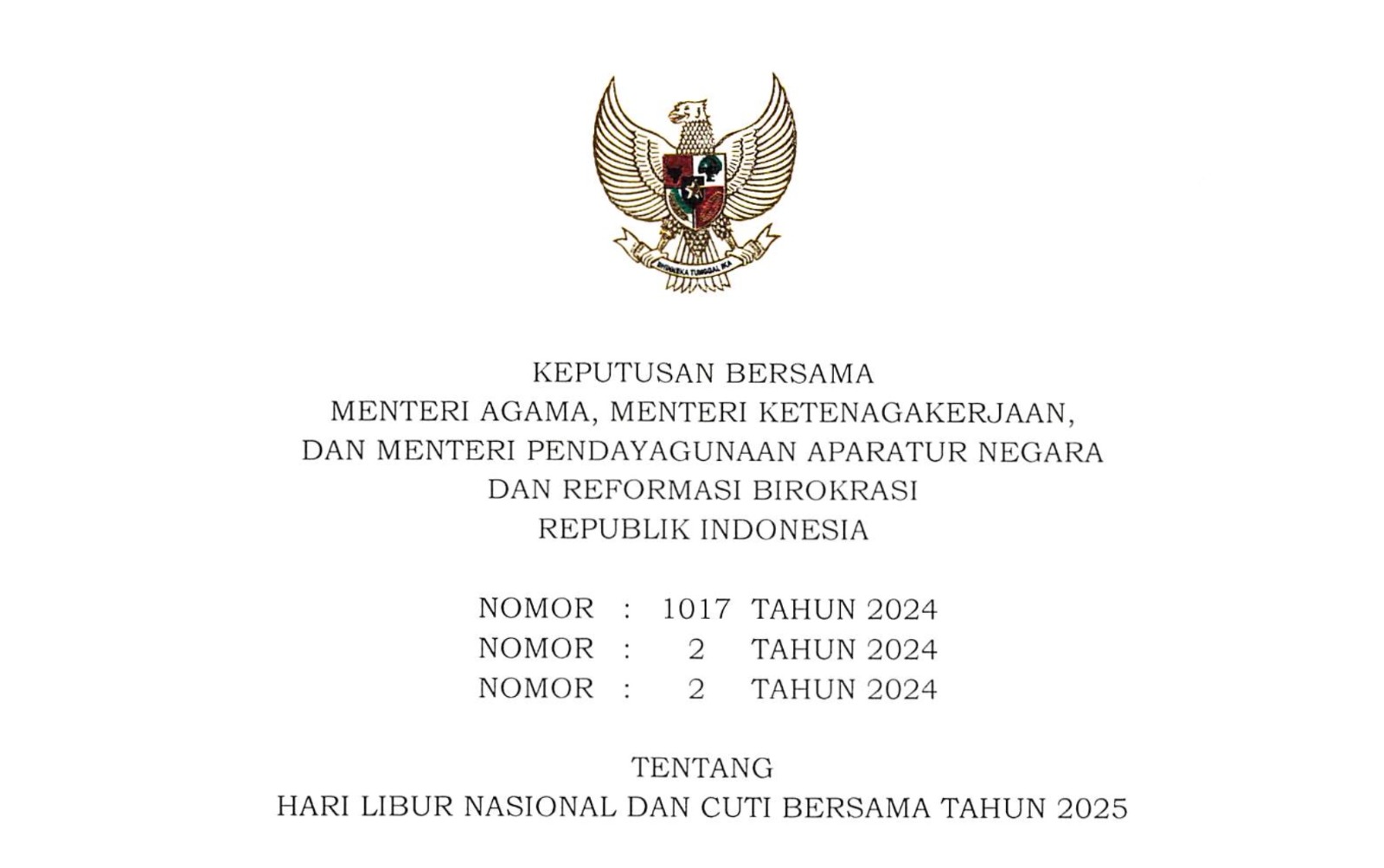 SKB Libur Nasional dan Cuti Bersama 2025. (Foto/Setkab).