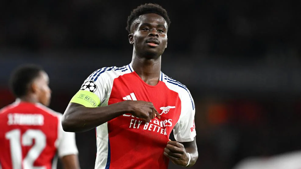 Pemain Arsenal Bokayo Saka saat merayakan gol ke gawang PSG. (Foto/UEFA.com)