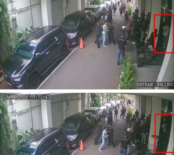 Potongan rekaman CCTV di sekitar lokasi pembubaran diskusi Forum Tanah Air (FTA) di Hotel Grand Kemang. (Foto/istimewa)