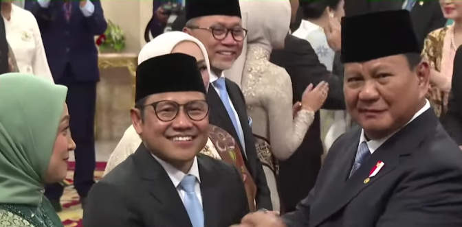 Cak Imin saat Pelantikan Menteri Kabinet Merah Putih, Prabowo-Gibran. (BeritaNasional/Tangkapan Layar)