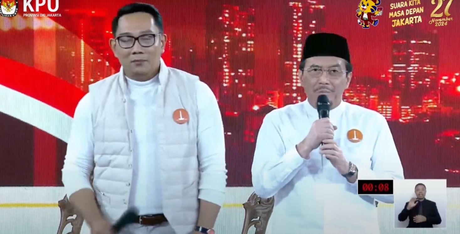 Calon gubernur Jakarta Ridwan Kamil (kiri) dan calon wakil gubenur Jakarta Suswono (kanan). (Foto/YouTube KPUD Jakarta).