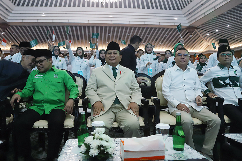 Presiden Terpilih Prabowo Subianto saat menghadiri Rapat Koordinasi Nasional Legislatif PKB. (BeritaNasional/Elvis Sendouw)