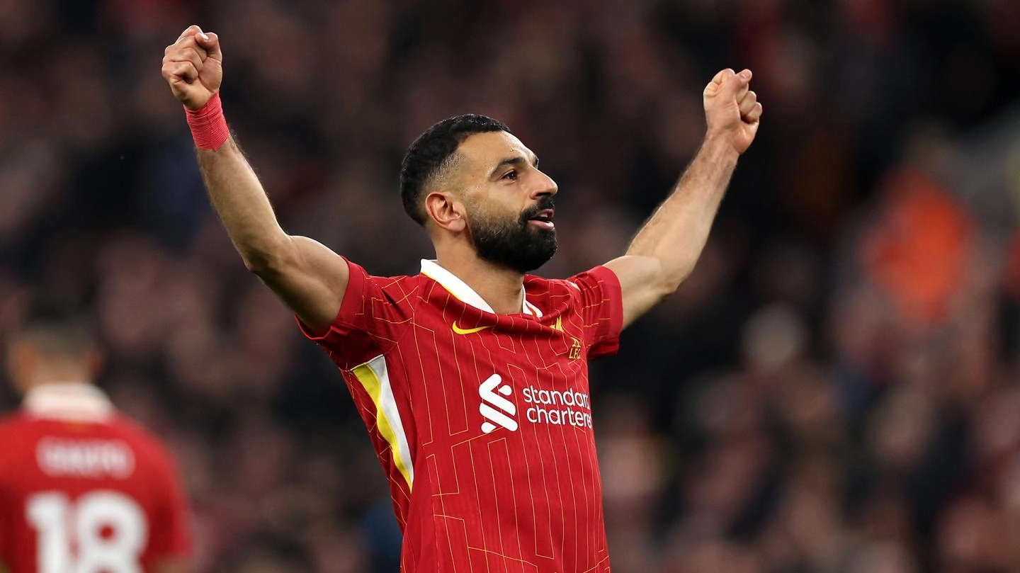 Mo Salah saat berselebrasi golnya ke gawang Brighton di Premier League. (Foto/Liverpool FC)