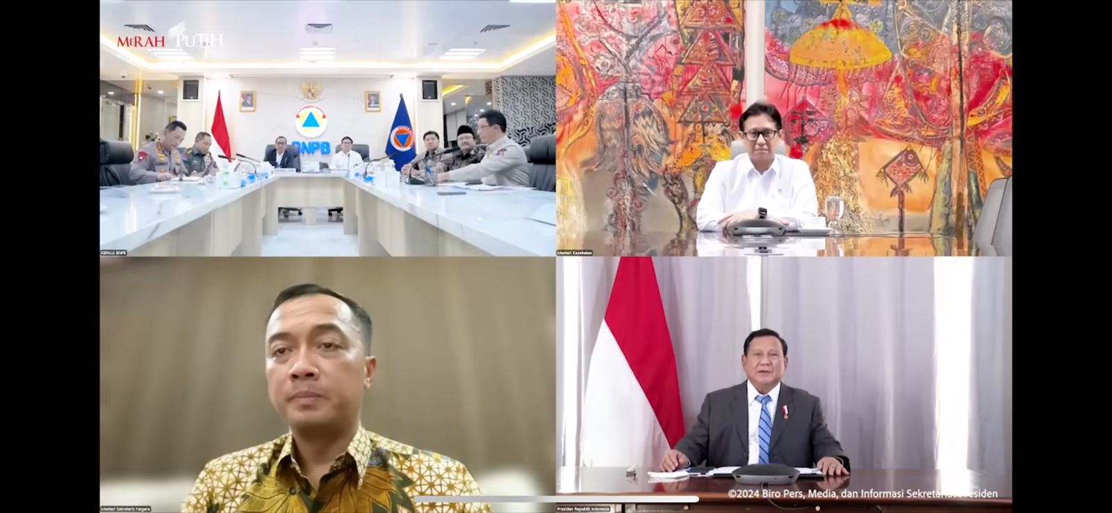 Presiden Prabowo Subianto menggelar rapat terbatas dengan menteri dan kepala lembaga membahas bencana erupsi Gunung Lewotobi. (Foto/YouTube Sekretariat Presiden).