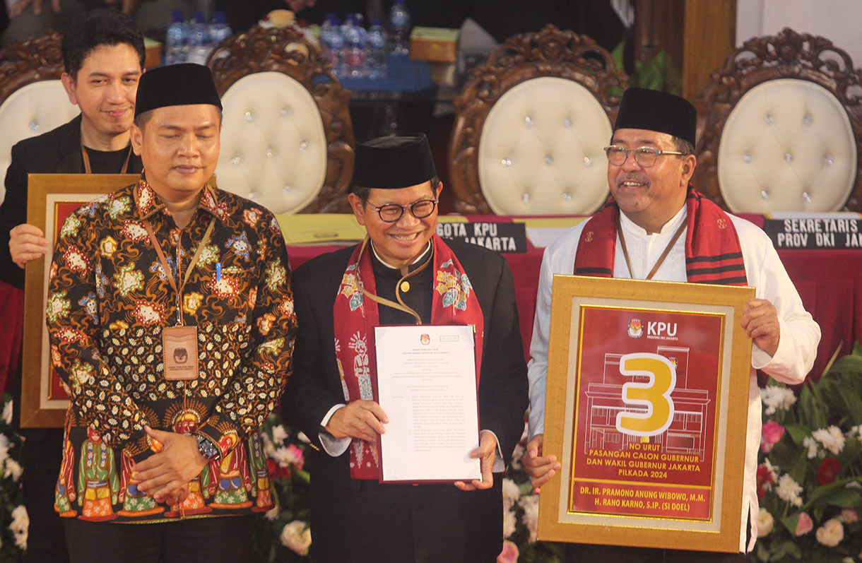 Paslon gubernur dan wakil gubernur Jakarta nomor urut 3 Pramono Anung-Rano Karno. (BeritaNasional/Oke Atmaja)