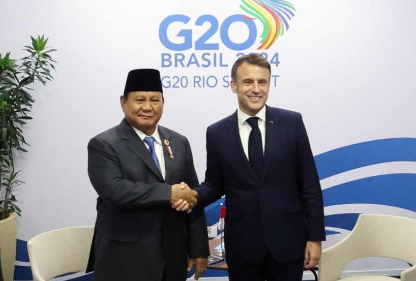 Pertemuan Presiden RI Prabowo Subianto dan Presiden Prancis  Emmanuel Macron pada KTT G20 Brasil. (BeritaNasional/Elvis Sendouw/HO BPMI Setpres/Syauqi)