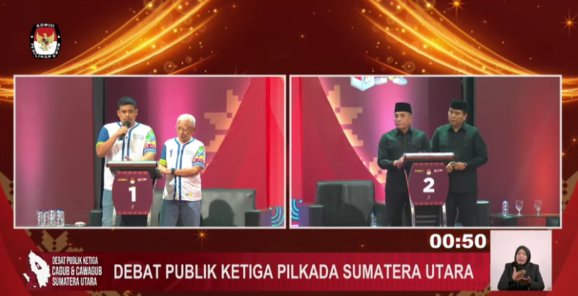 Bobby Nasution-Surya dan Edy Rahmayadi-Hasan Basri Sagala saat menjalani Debat Ketiga Pilkada Sumatera Utara. (Foto/KPU Sumut)