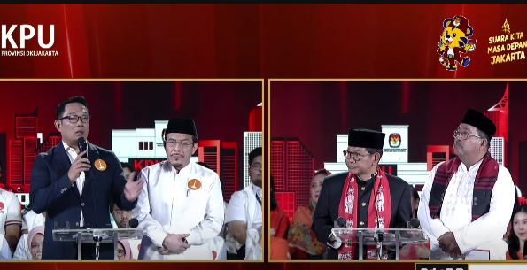 Ridwan Kamil-Suswono dan Pramono Anung-Rano Karno beradu argumen dalam debat Pilgub Jakarta 2024. (Foto/YouTube KPU)