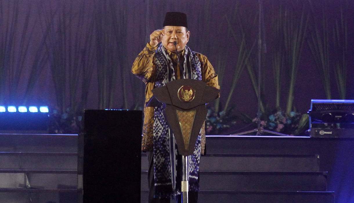 Presiden Prabowo Subianto saat memberikan sambutan Perayaan Natal Nasional 2024 di Indonesia Arena. (BeritaNasional/Oke Atmaja).