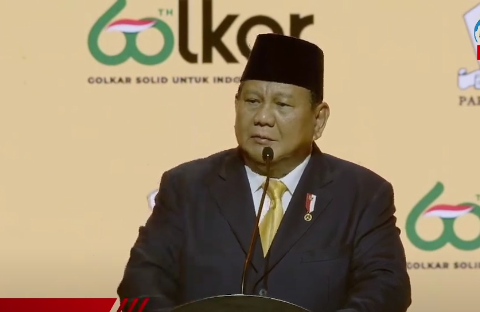 Presiden Prabowo Subianto saat berpidato di HUT Ke-60 Golkar. (Foto/YouTube/Berita Nasional TV)