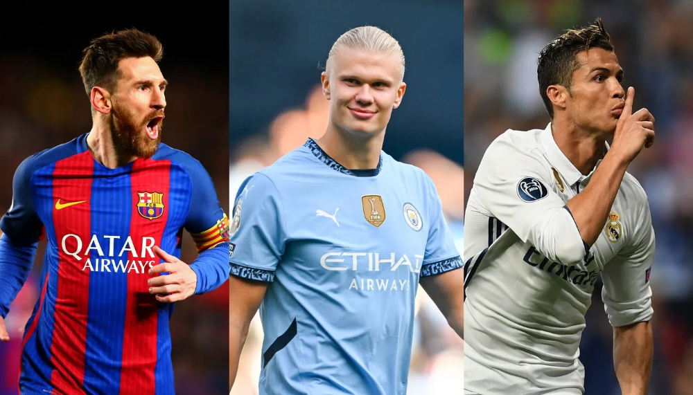 Leonel Messi, Erling Haaland, dan Cristiano Ronaldo. (Foto/Premier League)