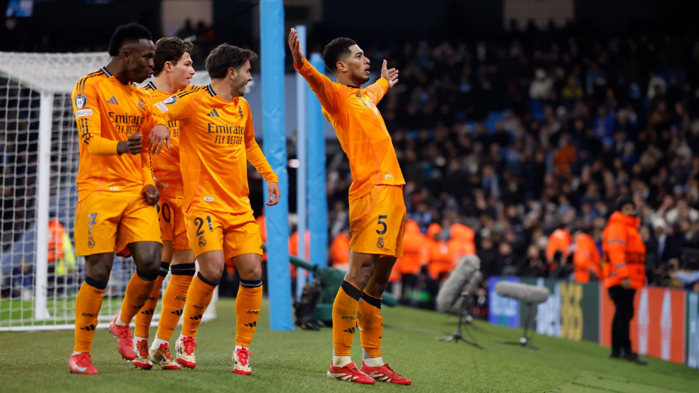 Para pemain Real Madrid merayakan gol kemenangan ke gawang Manchester City di Liga Champions. (Foto/realmadrid.com)