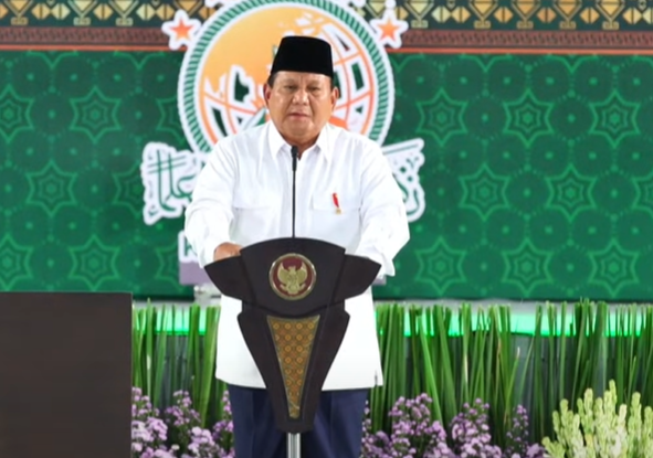 Presiden Prabowo Subianto berpidato di Kongres Muslimat Nahdlatul Ulama di Surabaya (BeritaNasional/tangkapan layar))