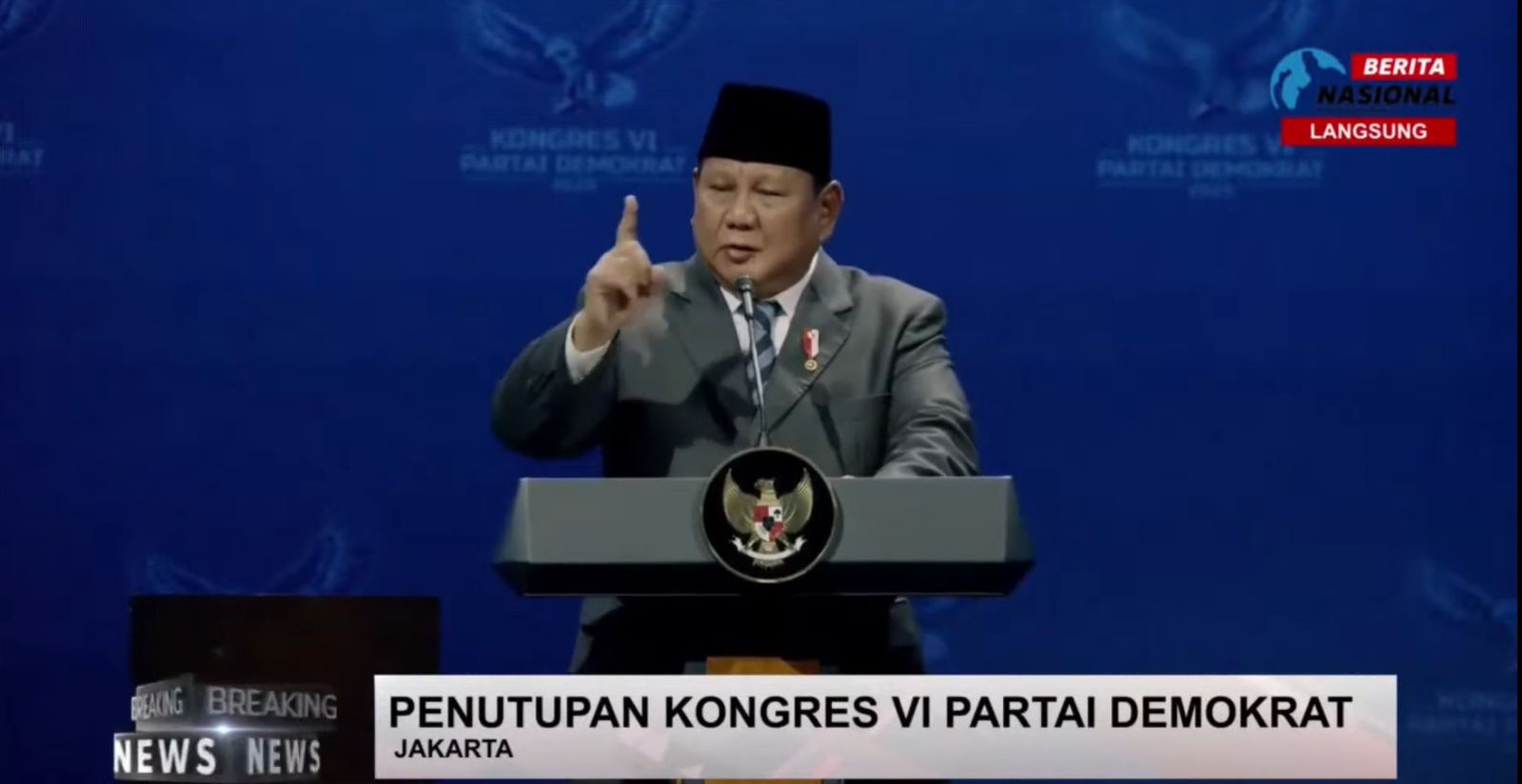 Prabowo saat pidato penutupan Kongres VI Partai Demokrat di Ritz-Carlton Pacific Place, Jakarta. (Dok YouTube BeritaNasional).