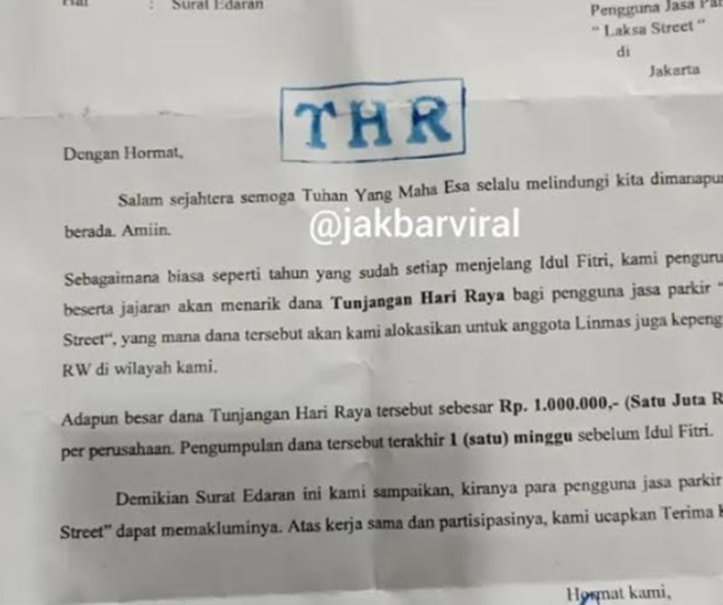 Surat edaran memalak THR (Foto/ Instagram Jakbar Viral)