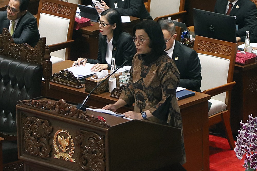 Menteri Keuangan RI, Sri Mulyani saat penyampaian Pemerintah terhadap Kerangka Ekonomi Makro dan Pokok-Pokok Kebijakan Fiskal RAPBN Tahun Anggaran 2026. (BeritaNasional/Elvis Sendouw)