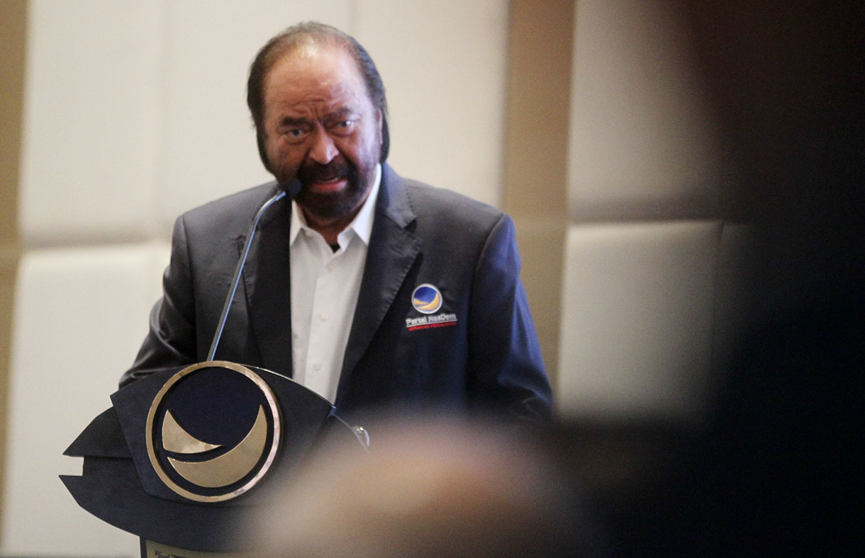 Ketum Partai Nasdem Surya Paloh berpidato saat Rapat Koordinasi Wantim Nasdem se-Indonesia di Jakarta, Jumat (14/2/2025).(Beritanasional.com/Oke Atmaja)
