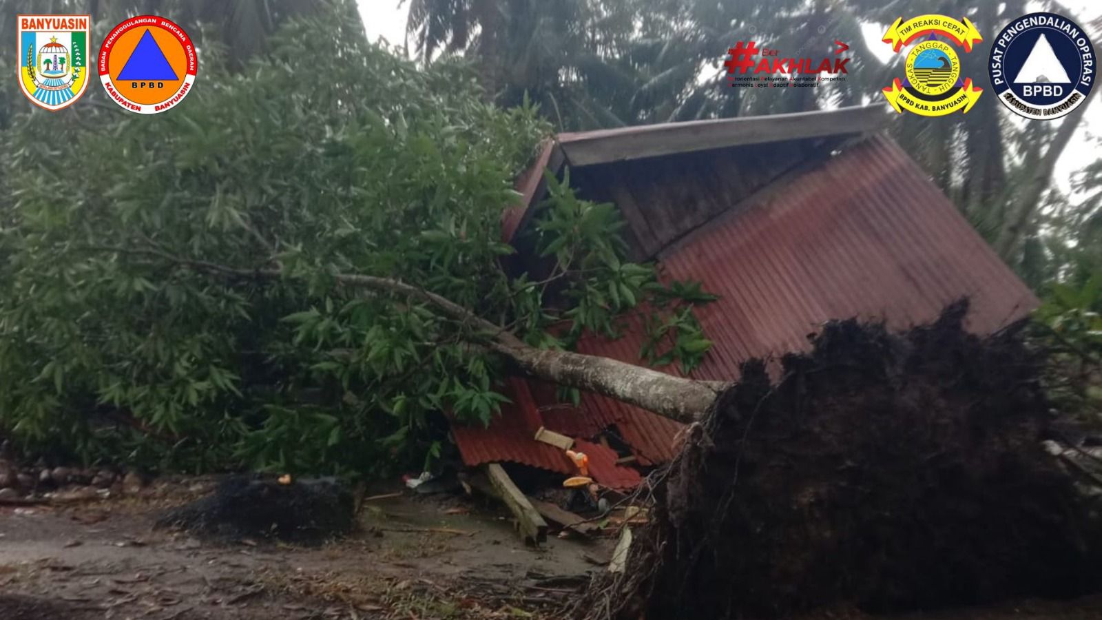 Rumah warga luluh lantak dihantam angin kencang dan hujan di Kabupaten Banyuasin Sumsel. (BeritaNasional/BNPB)