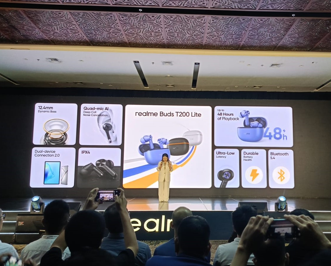 Momen peluncuran TWS terbaru Realme Buds Air 7 dan T200 Lite di Indonesia. (BeritaNasional/Iman)