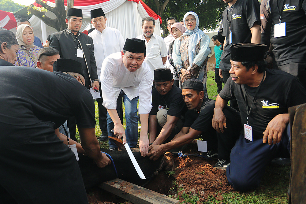 Ketua DPD RI Sultan B Najamuddin menyembelih langsung sapi kurban saat agenda pemotongan hewan kurban di lingkungan DPD RI dalam rangka Hari Raya Idul Adha 1446 Hijriah. (BeritaNasional/Elvis Sendouw)