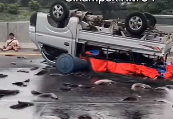 Mobil pikap pecah ban di Tol Japek. (Foto/Istimewa)